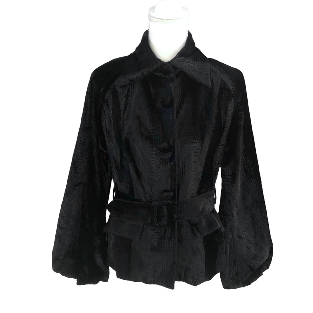 Lucullen Black Velour Crocodile Print Belted Jacket Size 4